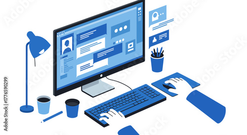 Isometric Illustration of a Modern Computer Workspace.