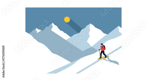 Minimalist mountain skiing scene in winter with sun and snowy peaks