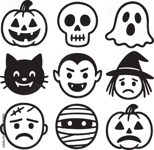 halloween icons collection with pumpkin ghost skull cat vampire witch mummy