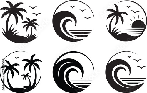 Tropical beach island and ocean wave vector logo design icons set.