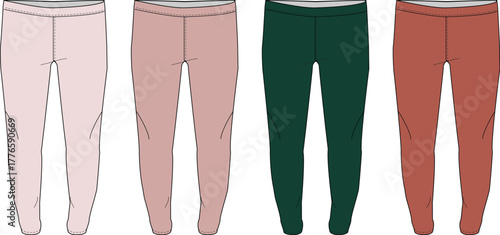 Four different colored sweatpants and casual pants with elastic waistbands and cuffs, presented in a minimalist flat design illustration