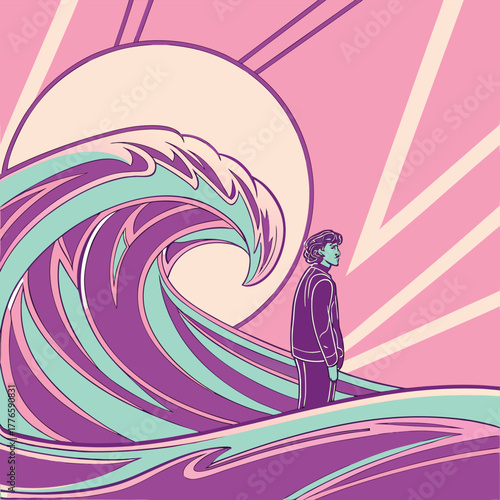 Dense jungle with hidden waterfall and exotic plants vector illustration