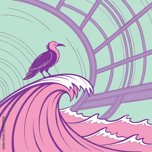 Dense jungle with hidden waterfall and exotic plants vector illustration