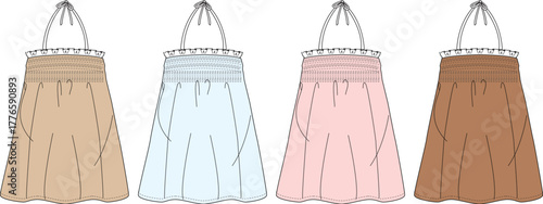 Set of women's halter neck smocked tops technical fashion flat sketches in different colors. Vector illustration of apparel design templates