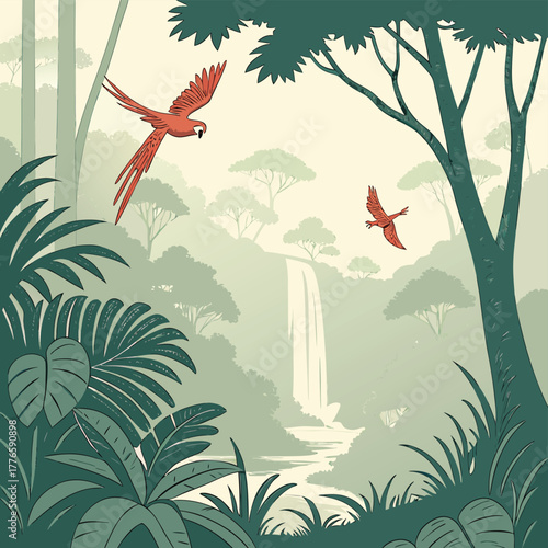 Dense jungle with hidden waterfall and exotic plants vector illustration
