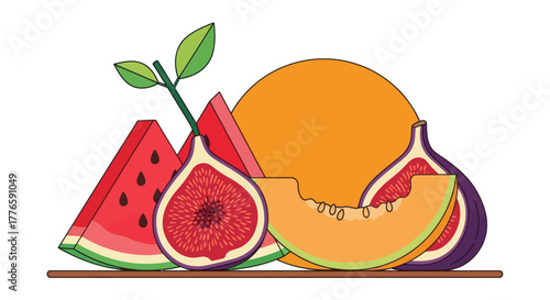 Fresh fruit arrangement featuring watermelon fig cantaloupe and orange.