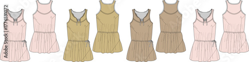 Fashion sketches of summer dresses in various colors with spaghetti straps and a belt, a stylish design