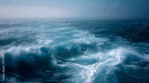 A vast turbulent ocean with white capped waves and a distant sailboat shrouded in mist