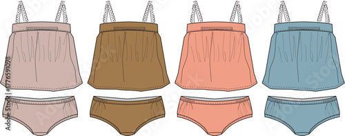 A collection of women's camisole and panty sleepwear sets in four color palettes. Fashion flat technical sketch for apparel design