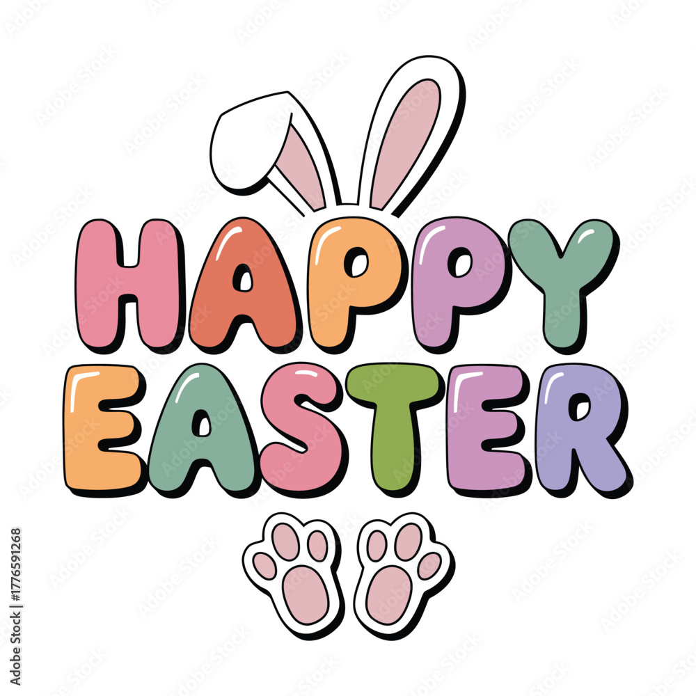 Obraz premium Happy Easter Typography with Bunny Ears and Paw Prints in Pastel Colors