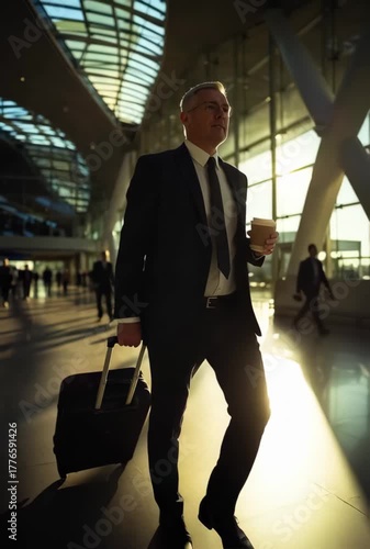 Elegant businessman walking through airport with suitcase, sunlight reflecting on glass. Modern lifestyle, travel and corporate success.