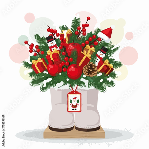 Festive arrangement of pine branches, red berries, apples, gifts, and snowmen nestled inside cozy winter boots, complete with a Santa tag. A charming, unconventional holiday centerpiece.