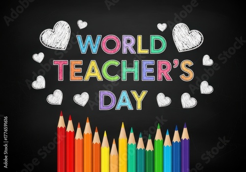 World teachers day message with colorful pencils and hearts