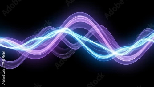 Abstract glowing blue and purple wavy lines creating a dynamic energy pattern on a dark background.