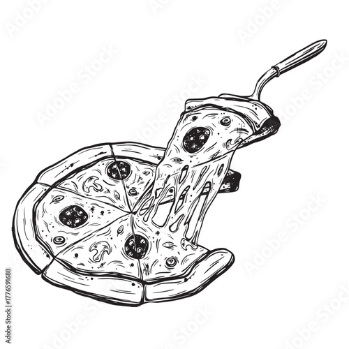 Sketch of pizza. Hand-drawn ink vector illustration of Italian cuisine, featuring a classic pizza with toppings. Linear graphic elements, fast food theme, for design, isolated on white background.
