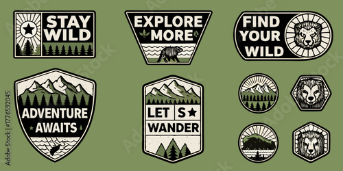 Collection of outdoor adventure themed patches and badges with nature motifs and inspirational quotes