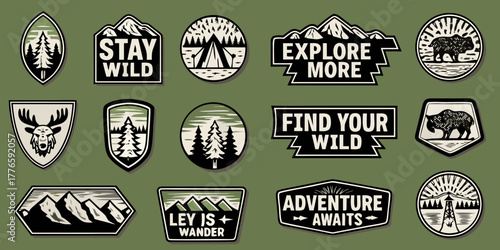 Collection of vintage style outdoor adventure patches and badges with nature and wildlife illustrations