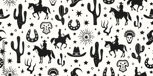 Seamless pattern of black cowboy silhouettes cacti horseshoes and western motifs on a white background