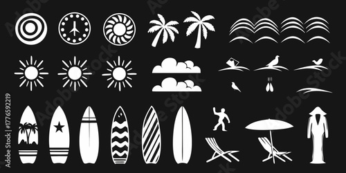 Collection of white summer and beach icons on a black background