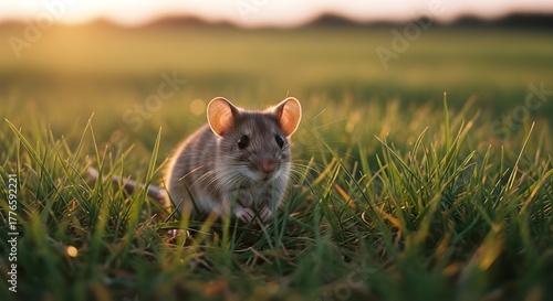 Adorable mouse peeking through tall grass at sunset, golden hour light, macro photography, wildlife, nature, cute animal portrait

