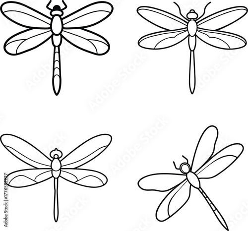 Dragonfly hovering sketch outline line art vector illustration.