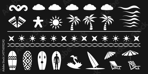 Collection of white tropical summer beach icons and symbols on black background