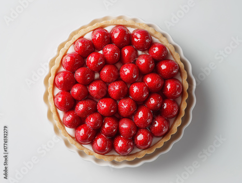 Top down view of strawberry tart with glossy red fruits on white background in studio lighting