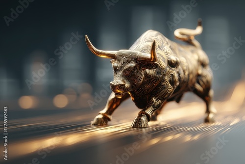 Gilded Bull Statue Charging Upwards Displaying Financial Strength