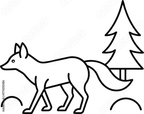 Fox walking through forest outline line art vector illustration
