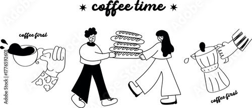 Cute minimal doodle characters drinking coffee — perfect for lifestyle prints and t-shirt designs.