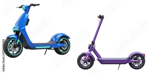 Set of eco smart scooters with futuristic electric design  showcasing modern urban mobility, isolated on white, transparent background