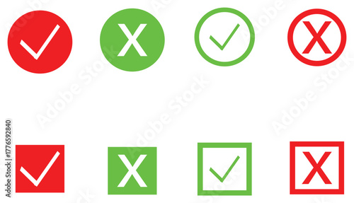 Green check mark and cross vector icons set