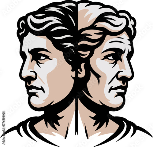 Past and Future Concept- Stylized Janus Illustration.