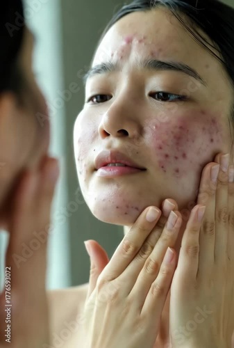 Teenage girl with acne gently examines her reflection, softly touching face in front of mirror. Honest and emotional moment of skincare and self-acceptance.