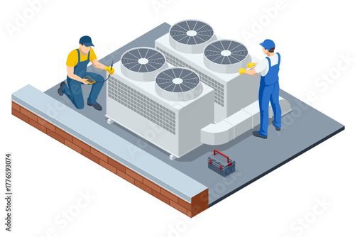 Isometric illustration of industrial HVAC system maintenance on rooftop with engineers checking air conditioners and ventilation units. Concept of heating, cooling, and climate control technology.