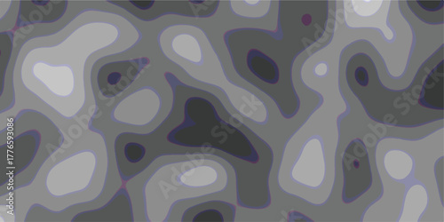 Abstract organic shapes in grayscale with subtle purple outlines, creating a topographic or cellular pattern with smooth, flowing contours and varying shades of grey, suitable for scientific or