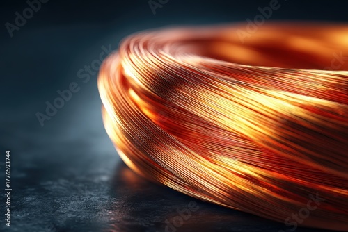 Photorealistic coil of copper wire on a dark surface