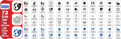 Company Icon Set Silhouette Outline Dual-tone, 72 vector icons pack for corporate organization office team leadership strategy partnership mission vision web ui ux presentation