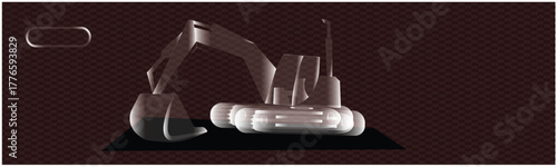 A detailed 3d rendered illustration of a white excavator with a large bucket and articulated arm, set against a textured dark brown background, perfect for construction and industrial themes