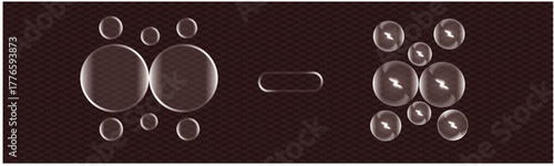 Abstract artistic composition of transparent spheres and circles with reflective highlights and detailed textures on a dark brown grid background representing scientific or technological concepts