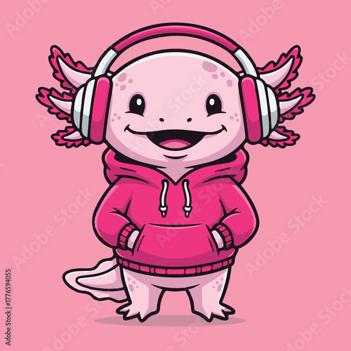 Cute Axolotl Listening to Music in Pink Hoodie Adorable Cartoon Character Art