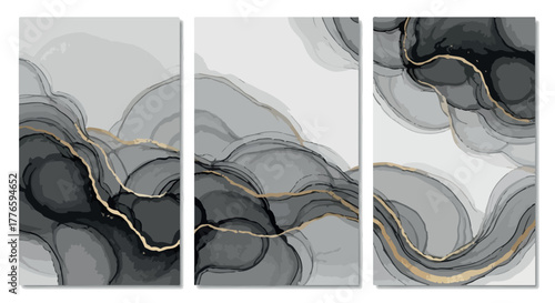 Monochrome black and white abstract fluid artwork with elegant gold veins, ideal for modern luxury home or office interior