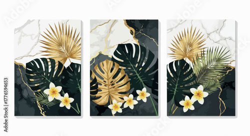 Elegant tropical wall art featuring golden palm leaves, dark marble texture, and white plumeria flowers, perfect for luxury home or modern interior decor