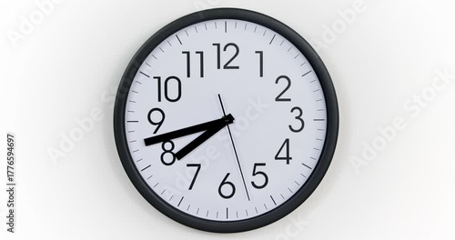 Round Wall Clock time lapse. Clock Counting Down 24 Hour Day Fast Speed. Clock with moving arrows. Clock time lapse UHD 4K. 12h loop. Black Frame, Red pointer second pointer. Time running fast