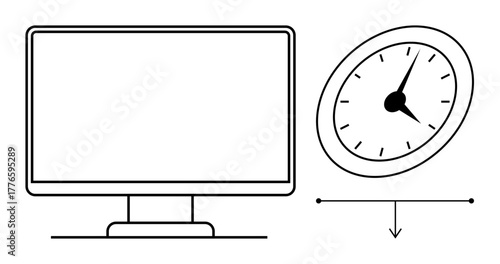 Desktop monitor beside downward-slanting analog clock emphasizing work-life balance, task efficiency, and digital dependence. Ideal for productivity, time management, remote work, scheduling, focus