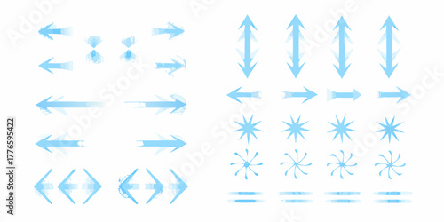 Set of blue arrow icons and graphic elements with a watercolor or splash effect