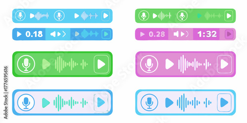 Collection of colorful audio message ui elements with microphone play pause and waveform icons