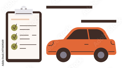 Orange car and clipboard checklist with green ticks representing vehicle inspection, compliance, or maintenance tasks completion. Ideal for automotive service, safety, compliance, inspection