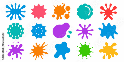 Collection of colorful abstract paint splatters and blobs in various shapes and sizes