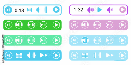 Collection of colorful digital media player interfaces with play pause skip and volume controls